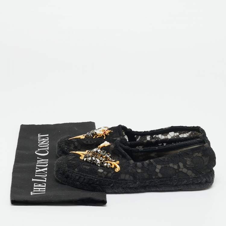Pre Owned Dolce & Gabbana Black Lace And Mesh Crystal Embellished Espadrille Flats Size 36