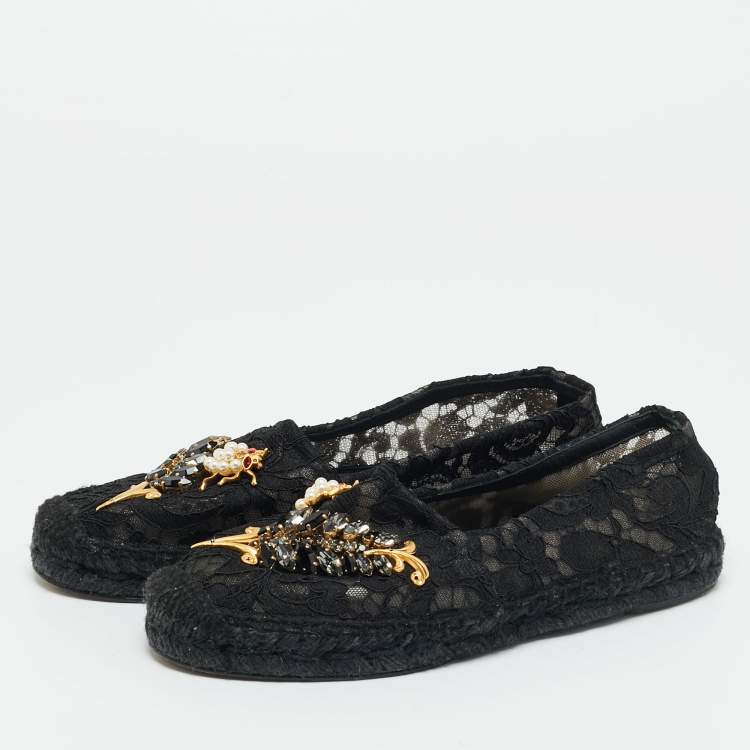 Pre Owned Dolce & Gabbana Black Lace And Mesh Crystal Embellished Espadrille Flats Size 36