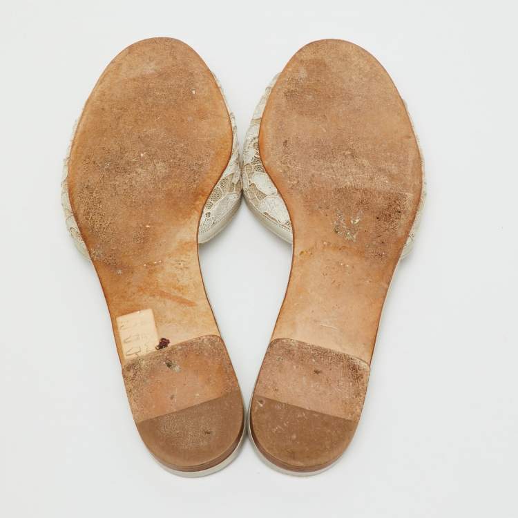 Pre Owned Dolce & Gabbana Off White Lace and Satin Crystal Embellished Bianca Flat Slide Sandals Size 41