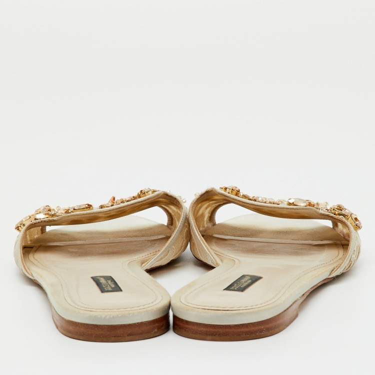 Pre Owned Dolce & Gabbana Off White Lace and Satin Crystal Embellished Bianca Flat Slide Sandals Size 41