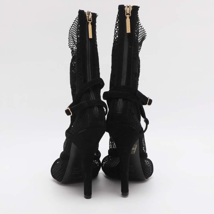 Pre Owned Dolce & Gabbana Black Lace and Mesh Mid Calf Boots Size 38.5