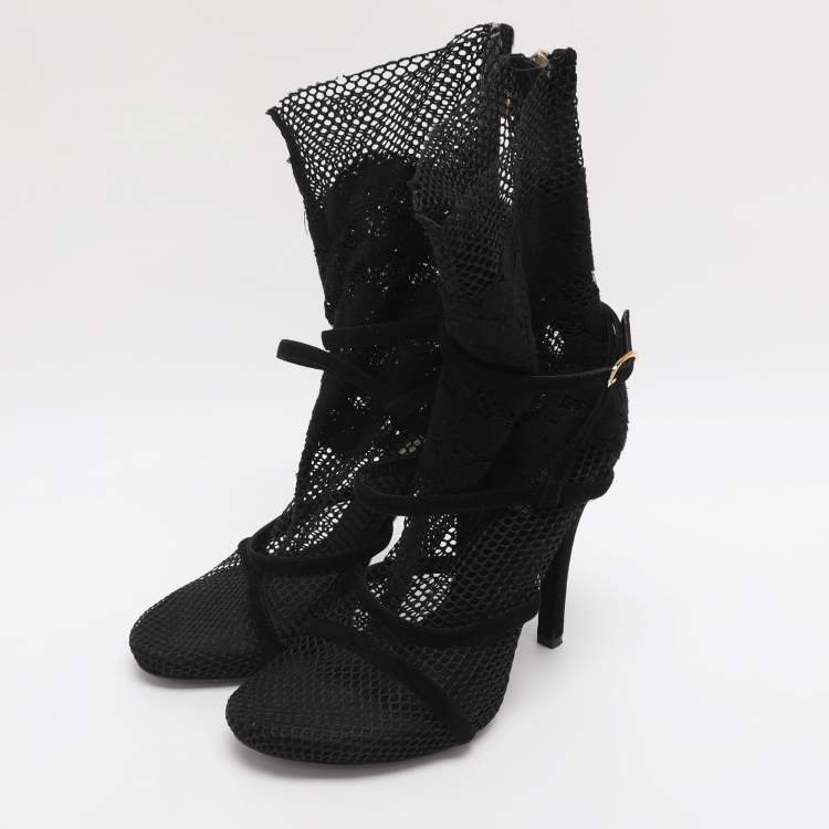 Pre Owned Dolce & Gabbana Black Lace and Mesh Mid Calf Boots Size 38.5