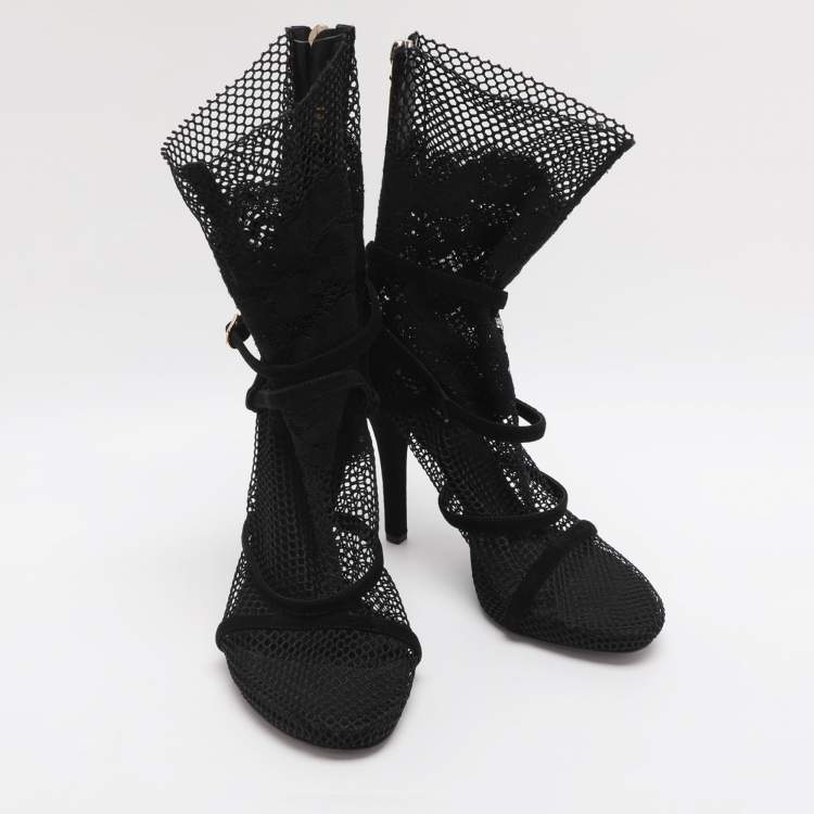 Pre Owned Dolce & Gabbana Black Lace and Mesh Mid Calf Boots Size 38.5