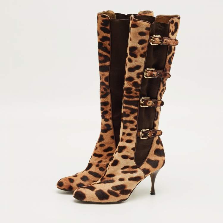 Pre Owned Dolce & Gabbana Brown Leopard Print Calf Hair Knee Length Boots Size 37