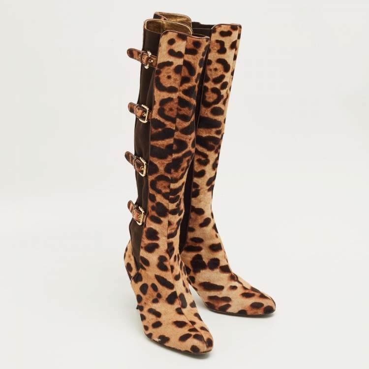 Pre Owned Dolce & Gabbana Brown Leopard Print Calf Hair Knee Length Boots Size 37