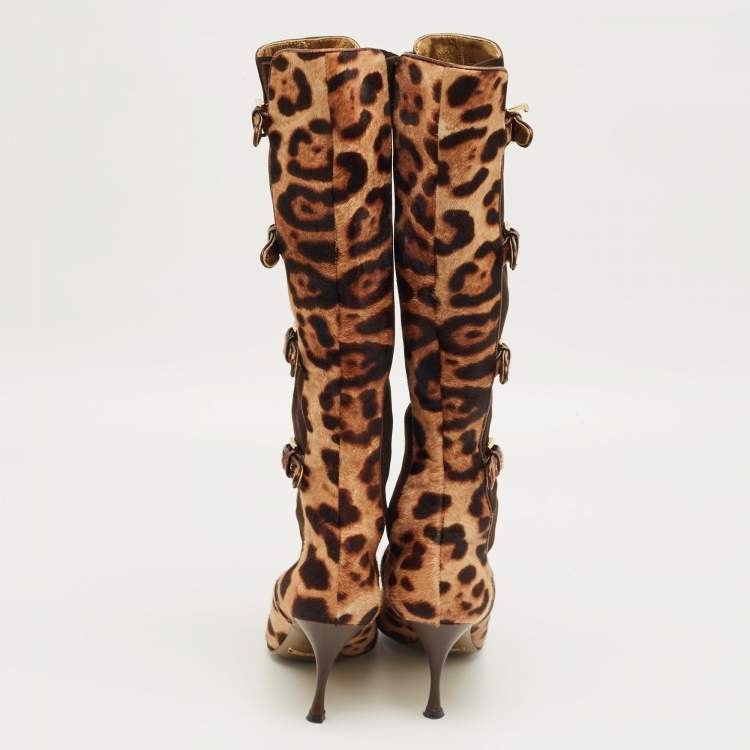 Pre Owned Dolce & Gabbana Brown Leopard Print Calf Hair Knee Length Boots Size 37