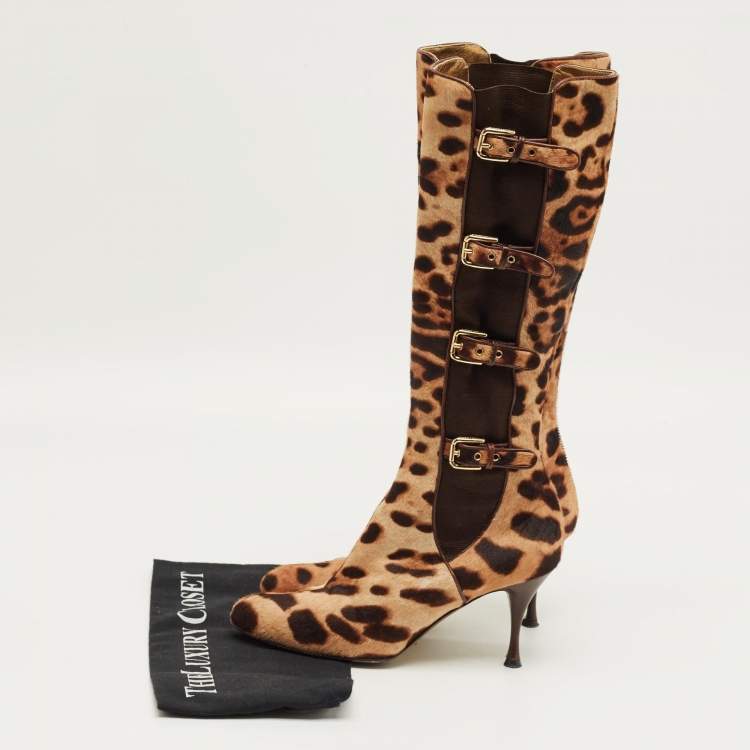 Pre Owned Dolce & Gabbana Brown Leopard Print Calf Hair Knee Length Boots Size 37