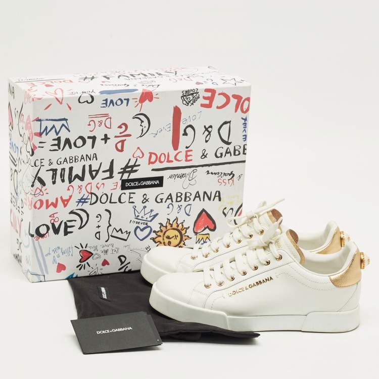 Pre Owned Dolce & Gabbana White/Gold Leather Portofino Low Top Sneakers Size 39