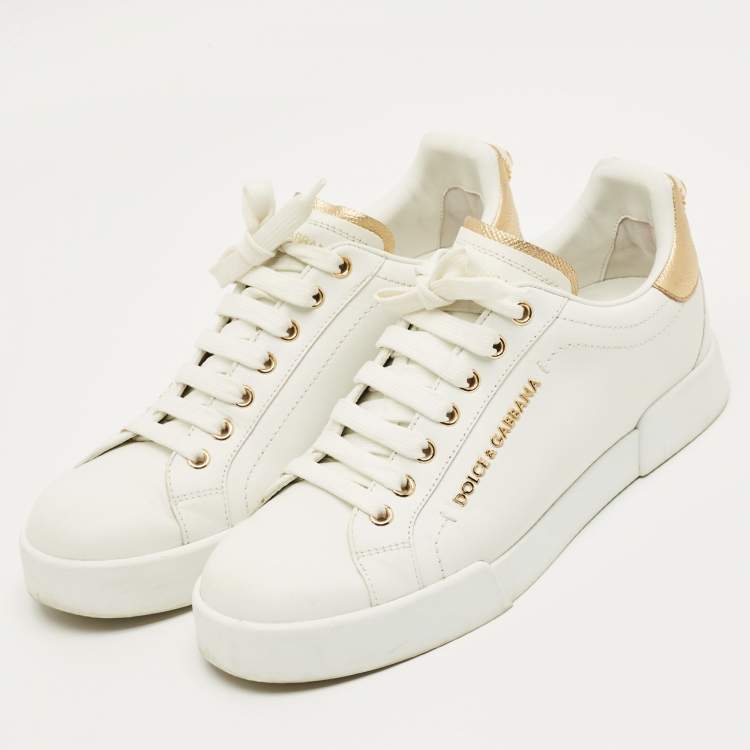 Pre Owned Dolce & Gabbana White/Gold Leather Portofino Low Top Sneakers Size 39