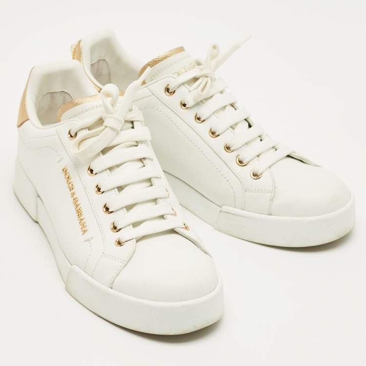 Pre Owned Dolce & Gabbana White/Gold Leather Portofino Low Top Sneakers Size 39