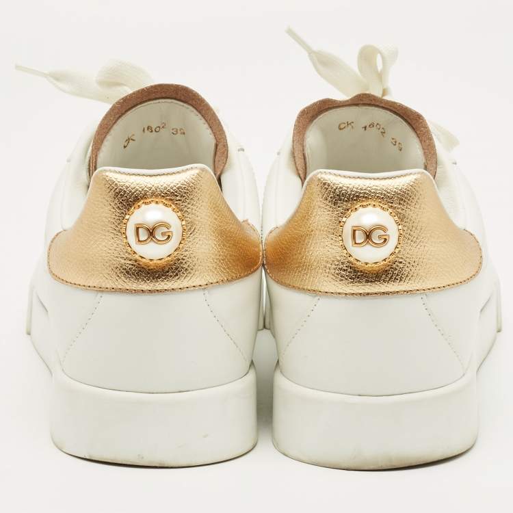 Pre Owned Dolce & Gabbana White/Gold Leather Portofino Low Top Sneakers Size 39