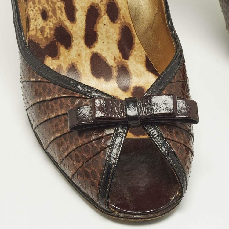 Pre Owned Dolce & Gabbana Brown/Black Python and Leather Double Bow Peep Toe Pumps Size 38.5