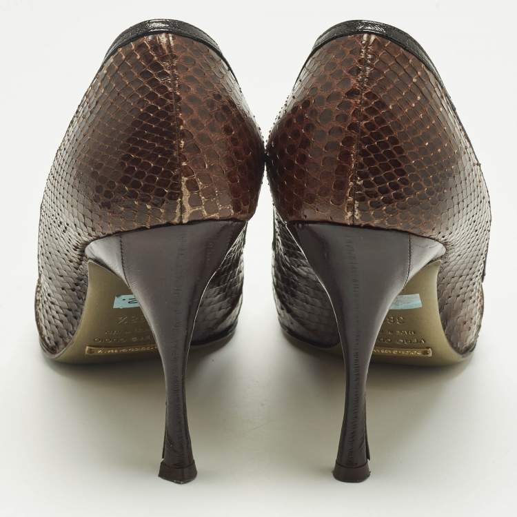 Pre Owned Dolce & Gabbana Brown/Black Python and Leather Double Bow Peep Toe Pumps Size 38.5
