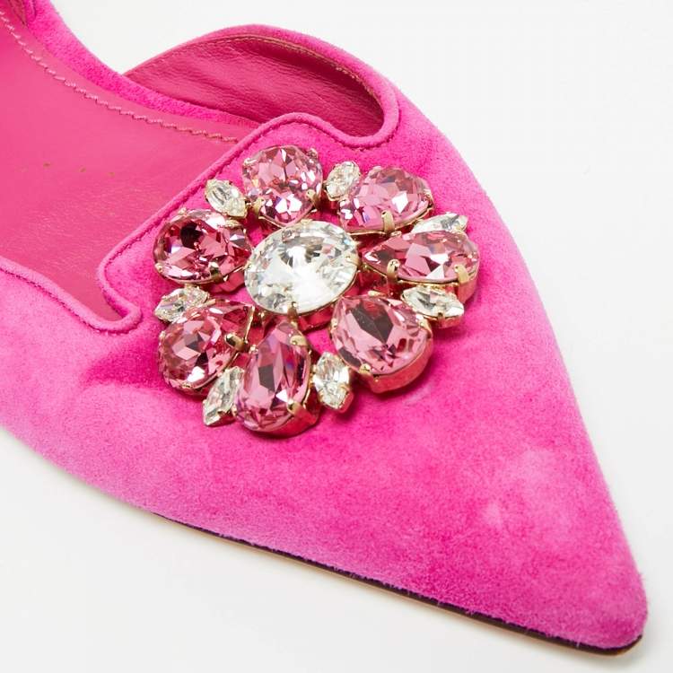 Pre Owned Dolce & Gabbana Pink Suede Crystal Embellish Bellucci Ankle Strap Flats Size 38