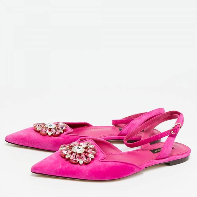 Pre Owned Dolce & Gabbana Pink Suede Crystal Embellish Bellucci Ankle Strap Flats Size 38