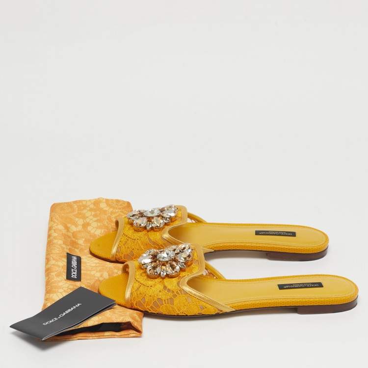 Pre Owned Dolce & Gabbana Yellow/Gold Lace and Satin Crystal Embellish Flat Slide Size 38