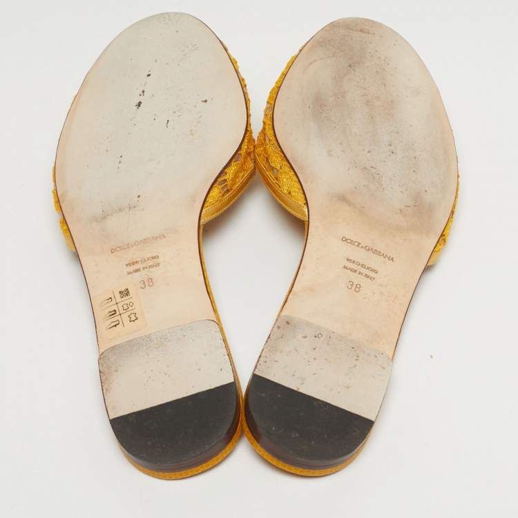 Pre Owned Dolce & Gabbana Yellow/Gold Lace and Satin Crystal Embellish Flat Slide Size 38