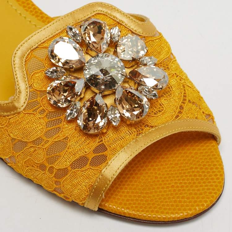 Pre Owned Dolce & Gabbana Yellow/Gold Lace and Satin Crystal Embellish Flat Slide Size 38