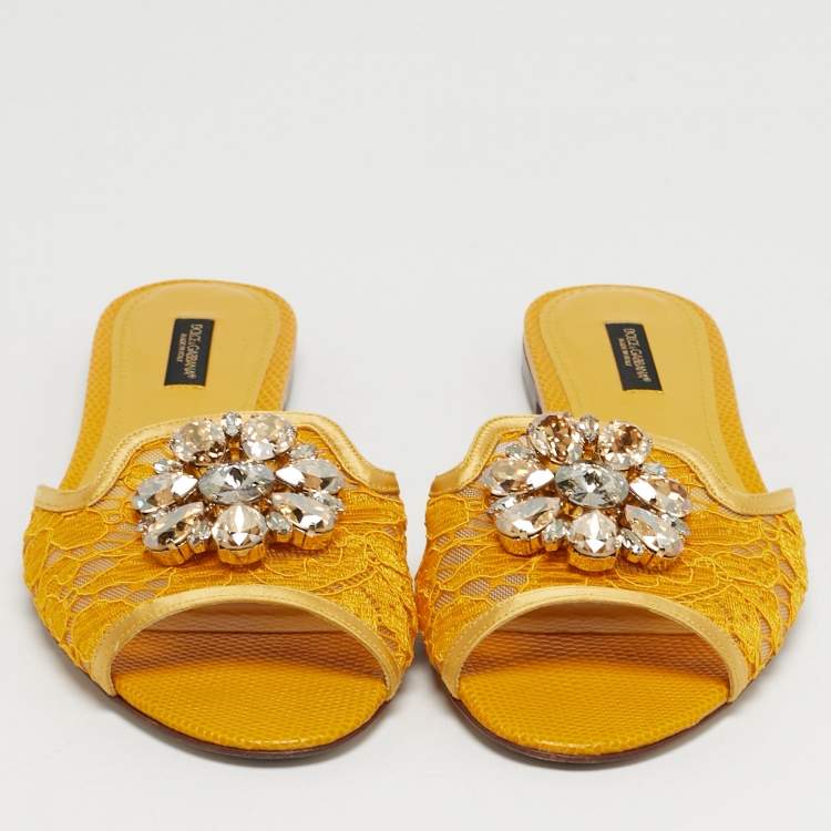 Pre Owned Dolce & Gabbana Yellow/Gold Lace and Satin Crystal Embellish Flat Slide Size 38