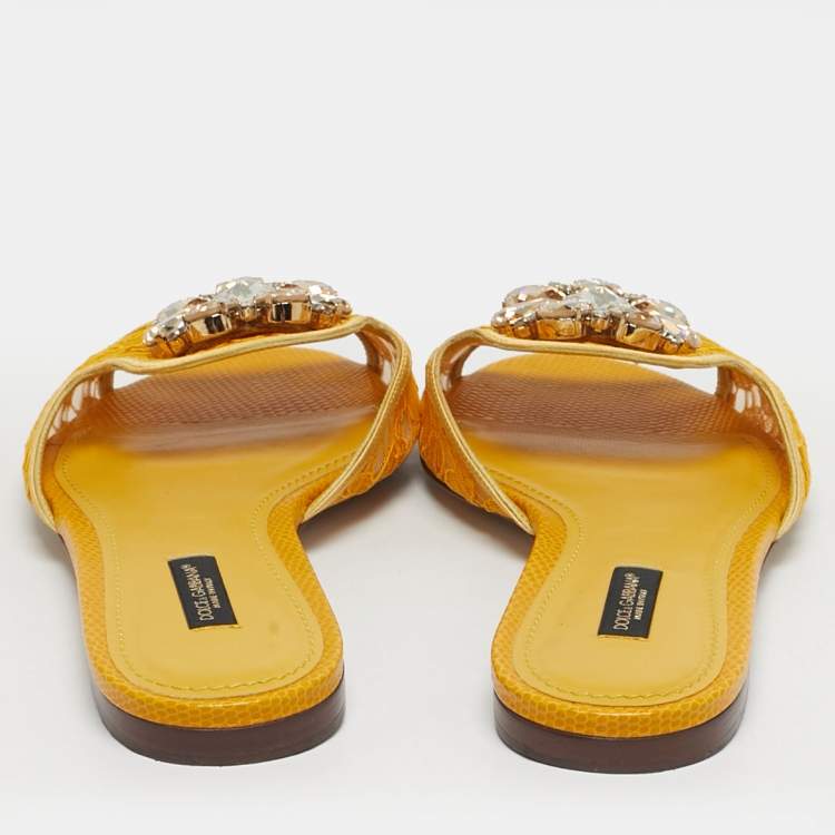 Pre Owned Dolce & Gabbana Yellow/Gold Lace and Satin Crystal Embellish Flat Slide Size 38