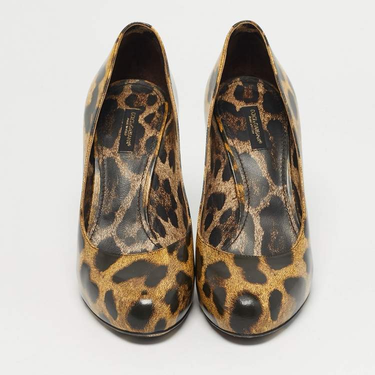 Pre Owned Dolce & Gabbana Black/Brown Leopard Print Leather Platform Peep Toe Pumps Size 39