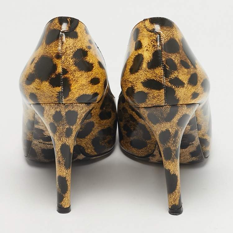 Pre Owned Dolce & Gabbana Black/Brown Leopard Print Leather Platform Peep Toe Pumps Size 39