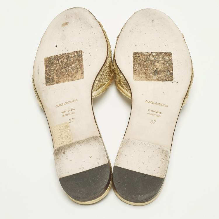 Pre Owned Dolce & Gabbana Bianca Size 37 Gold Lace and Leather Flat Slides 