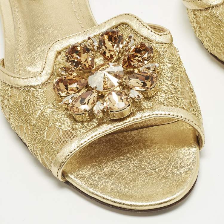 Pre Owned Dolce & Gabbana Bianca Size 37 Gold Lace and Leather Flat Slides 