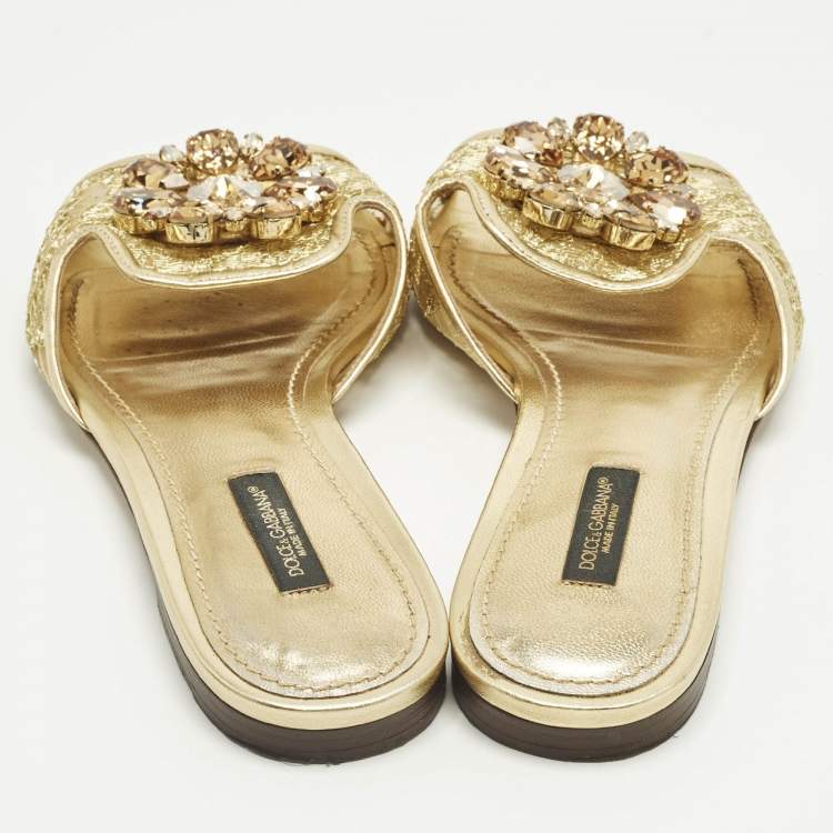 Pre Owned Dolce & Gabbana Bianca Size 37 Gold Lace and Leather Flat Slides 