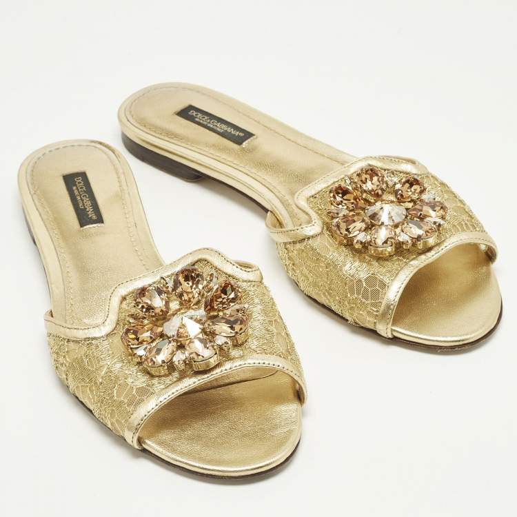 Pre Owned Dolce & Gabbana Bianca Size 37 Gold Lace and Leather Flat Slides 