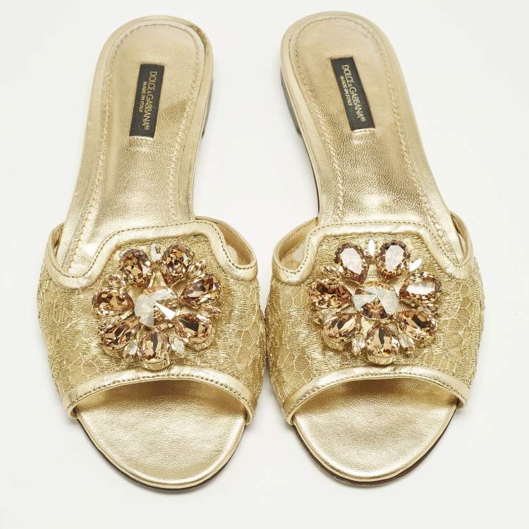 Pre Owned Dolce & Gabbana Bianca Size 37 Gold Lace and Leather Flat Slides 