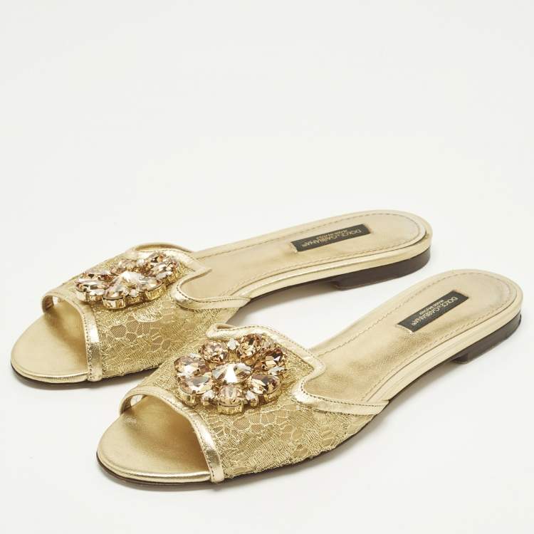 Pre Owned Dolce & Gabbana Bianca Size 37 Gold Lace and Leather Flat Slides 