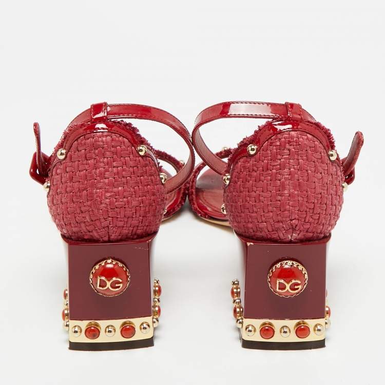 Pre Owned Dolce & Gabbana Size 37.5 Red Patent Leather and Straw Ankle Strap Block Heel Sandals