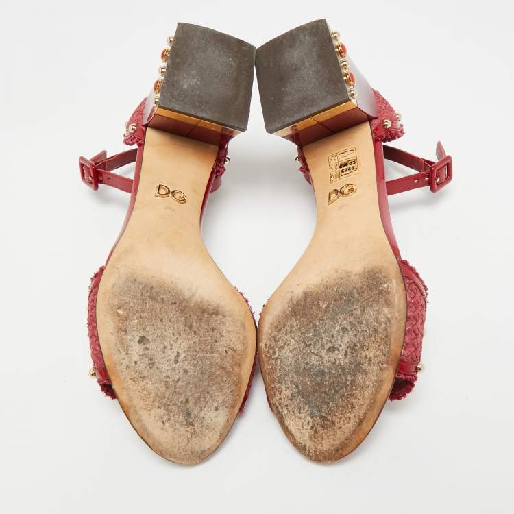 Pre Owned Dolce & Gabbana Size 37.5 Red Patent Leather and Straw Ankle Strap Block Heel Sandals