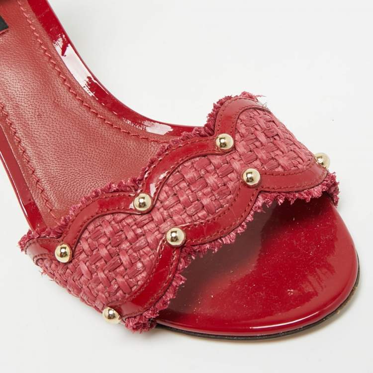 Pre Owned Dolce & Gabbana Size 37.5 Red Patent Leather and Straw Ankle Strap Block Heel Sandals