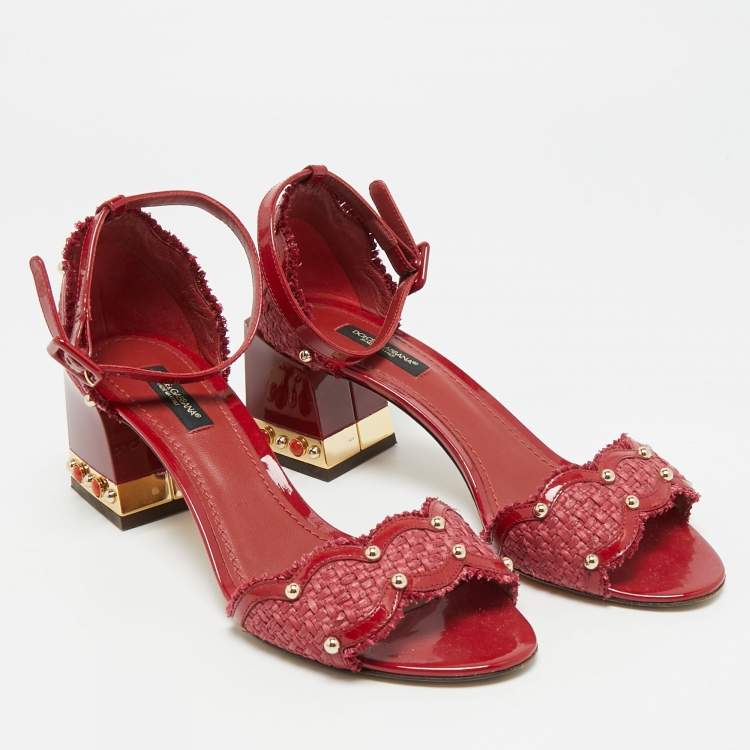 Pre Owned Dolce & Gabbana Size 37.5 Red Patent Leather and Straw Ankle Strap Block Heel Sandals