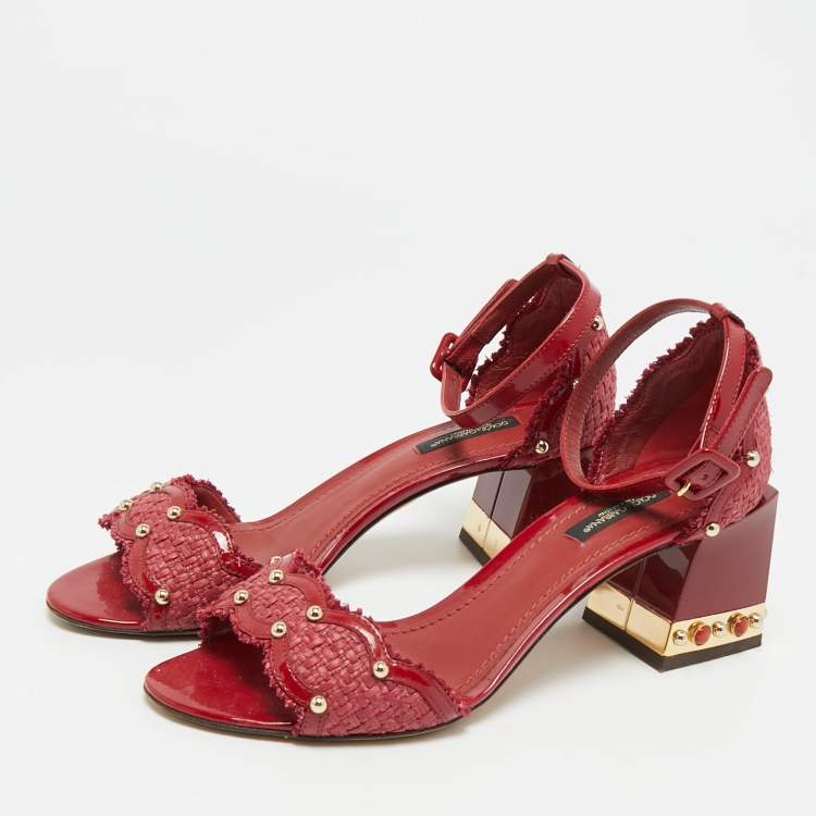 Pre Owned Dolce & Gabbana Size 37.5 Red Patent Leather and Straw Ankle Strap Block Heel Sandals