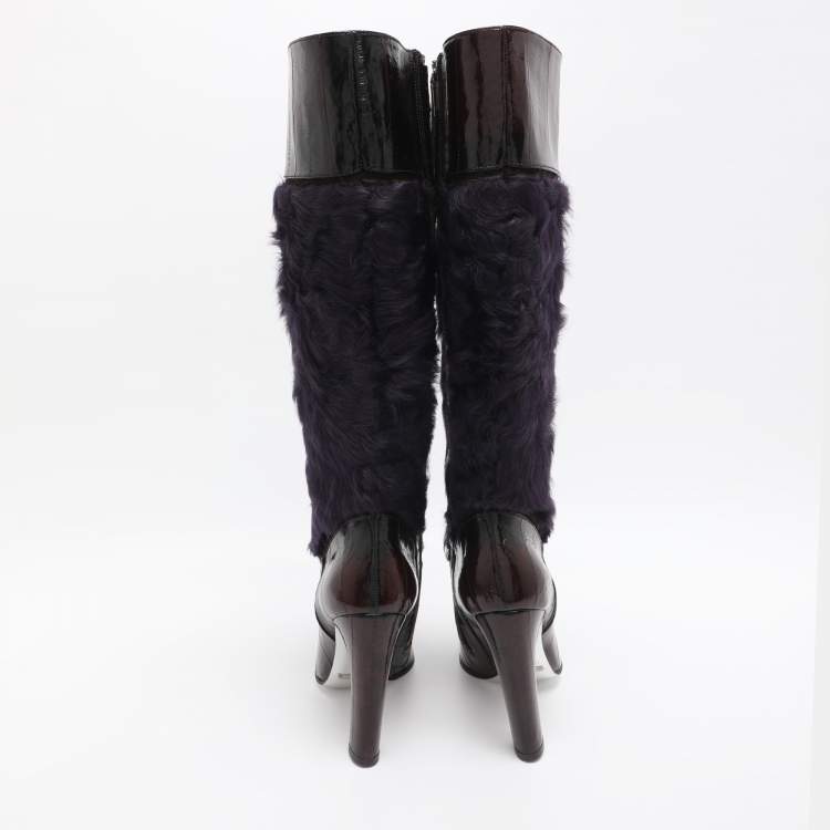 Pre Owned Dolce & Gabbana Size 39 Purple/Brown Calf Hair and Eel Leather Knee Length Boots