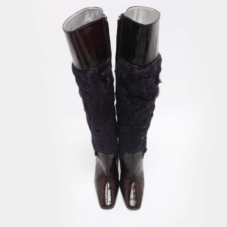 Pre Owned Dolce & Gabbana Size 39 Purple/Brown Calf Hair and Eel Leather Knee Length Boots