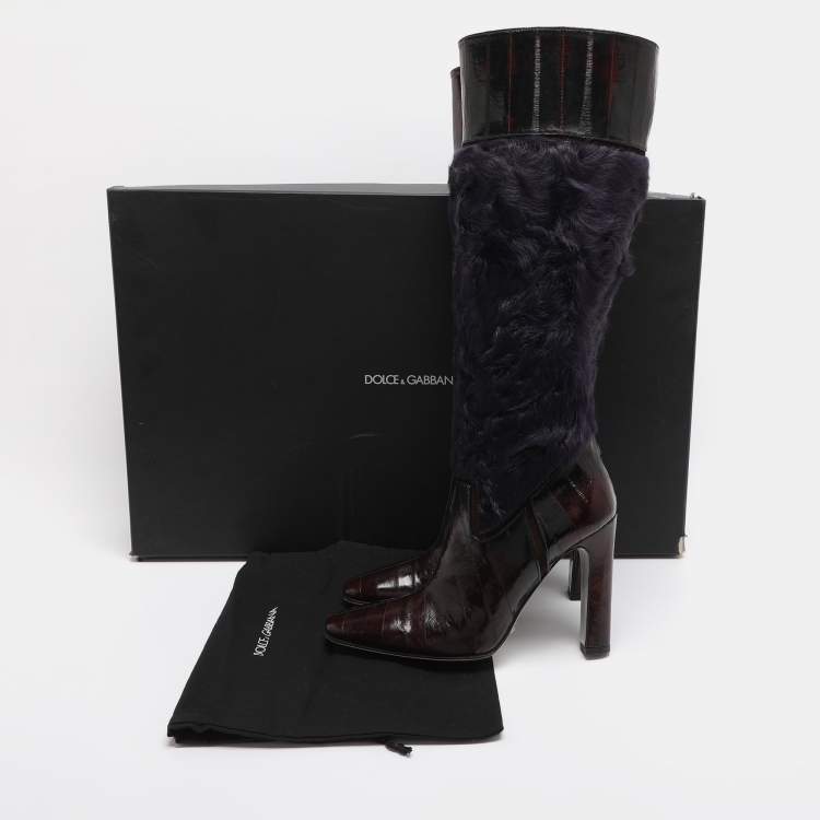 Pre Owned Dolce & Gabbana Size 39 Purple/Brown Calf Hair and Eel Leather Knee Length Boots