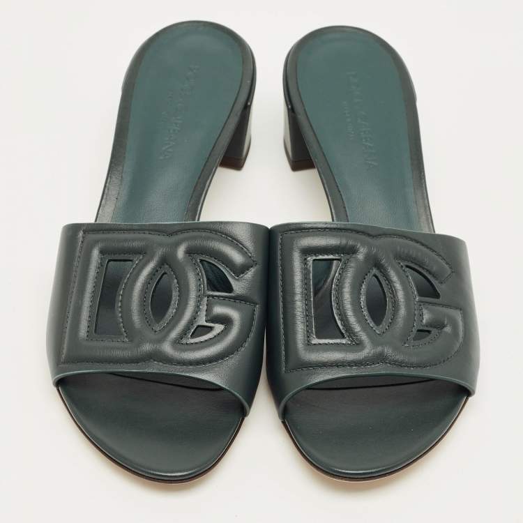 Pre Owned Dolce & Gabbana DG Logo Cut-Out Size 38 Green Leather Slide Sandals