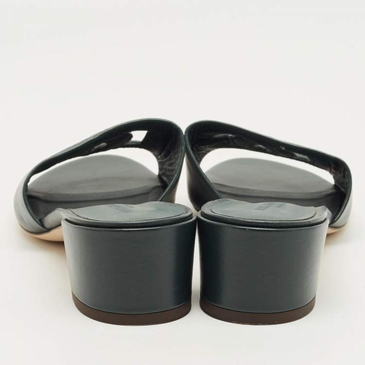 Pre Owned Dolce & Gabbana DG Logo Cut-Out Size 38 Green Leather Slide Sandals