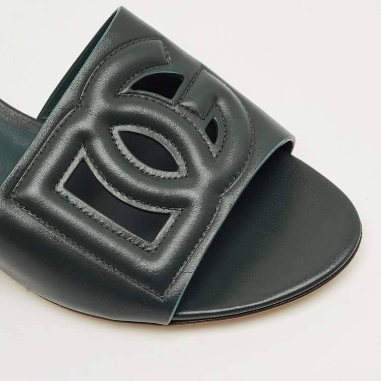 Pre Owned Dolce & Gabbana DG Logo Cut-Out Size 38 Green Leather Slide Sandals