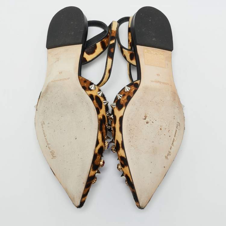 Pre Owned Dolce & Gabbana Size 38 Brown Leopard Print Calf Hair Studded Ankle Strap Flats