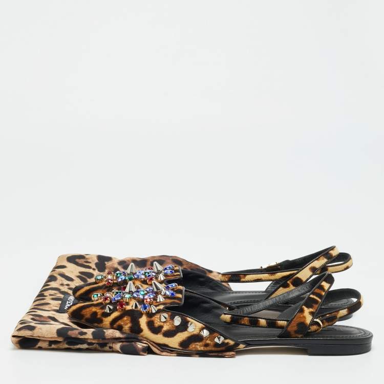 Pre Owned Dolce & Gabbana Size 38 Brown Leopard Print Calf Hair Studded Ankle Strap Flats