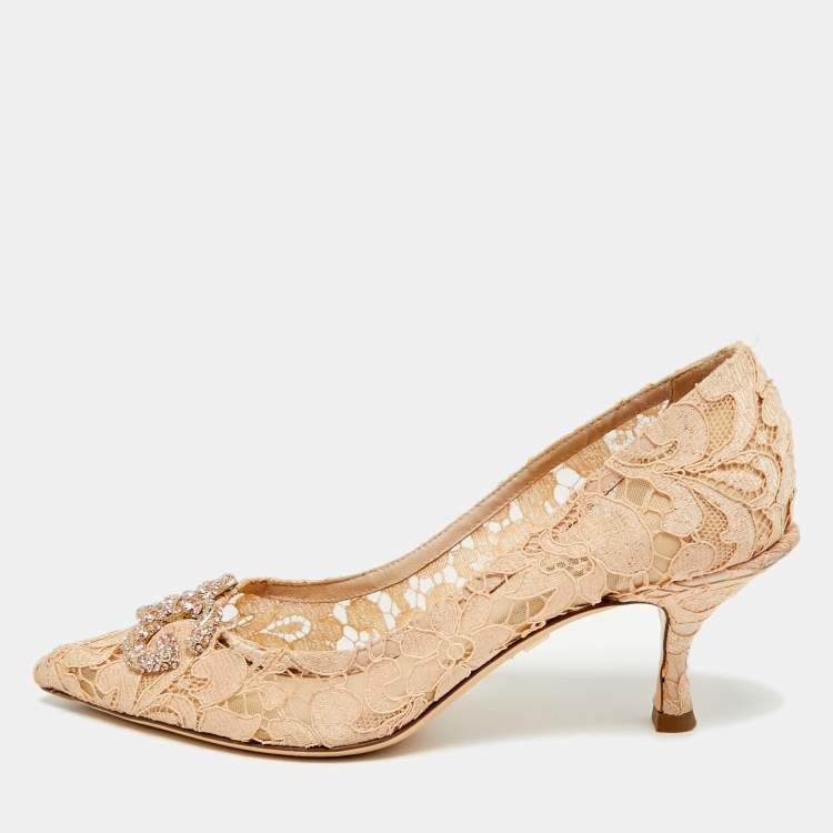 Pre Owned Dolce & Gabbana DG Amore Size 38 Beige Lace Pointed Toe Pumps