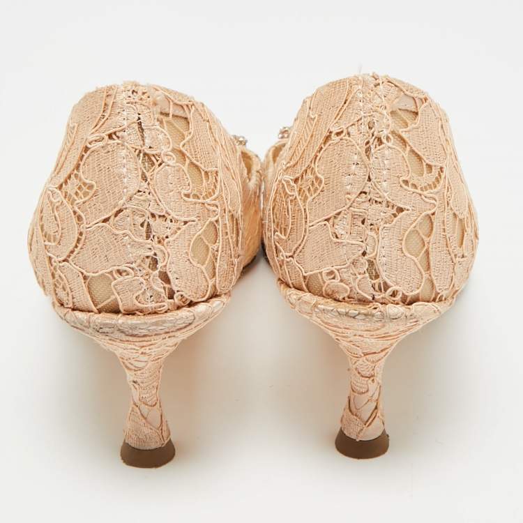 Pre Owned Dolce & Gabbana DG Amore Size 38 Beige Lace Pointed Toe Pumps