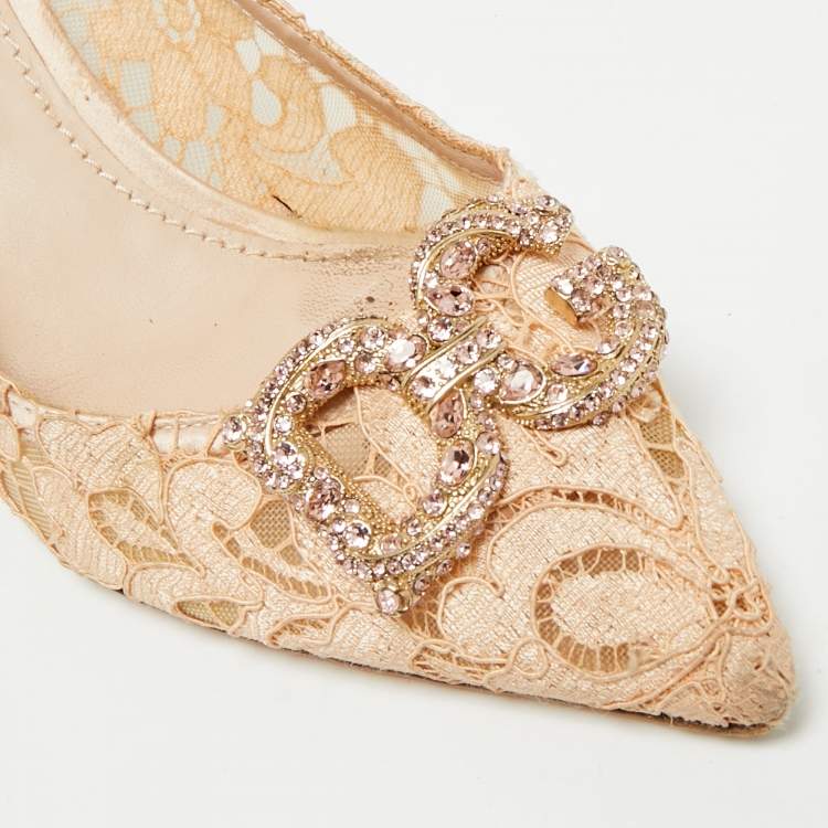 Pre Owned Dolce & Gabbana DG Amore Size 38 Beige Lace Pointed Toe Pumps