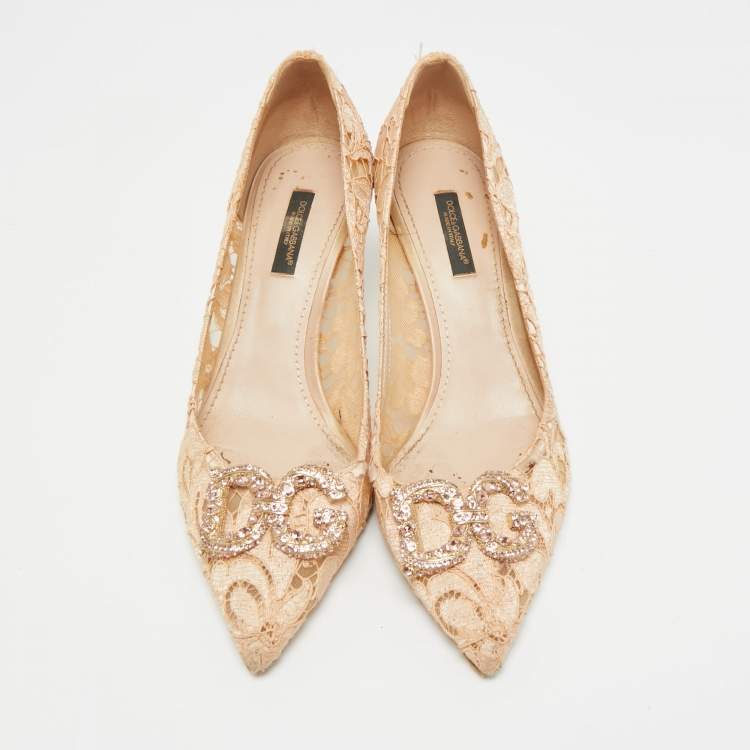 Pre Owned Dolce & Gabbana DG Amore Size 38 Beige Lace Pointed Toe Pumps