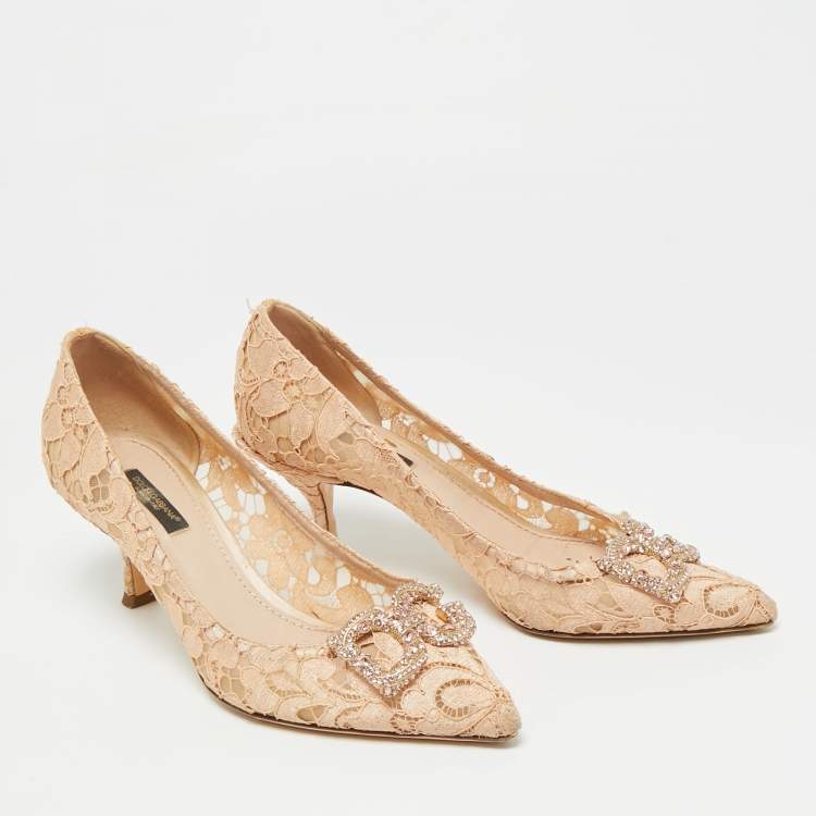 Pre Owned Dolce & Gabbana DG Amore Size 38 Beige Lace Pointed Toe Pumps
